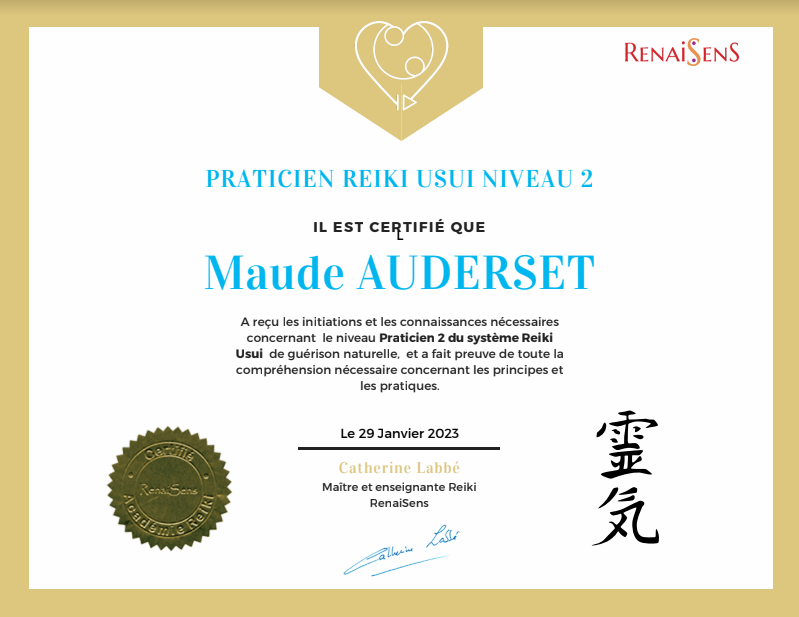 certification en reiki usui reçu par une thérapeute en constellations familiales et systémiques à Lausanne, en Suisse