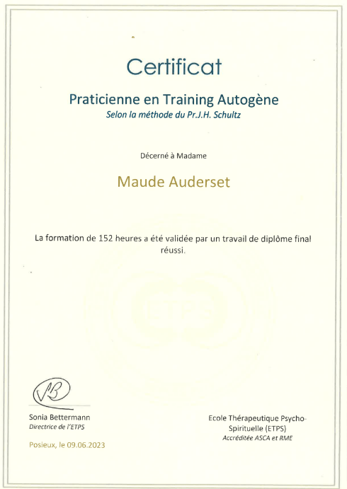certificat de praticienne en training autogène reçu par une thérapeute holistique, en constellations familiales et systémiques et thérapie psycho-spirituelle dans le canton de Vaud, en Suisse