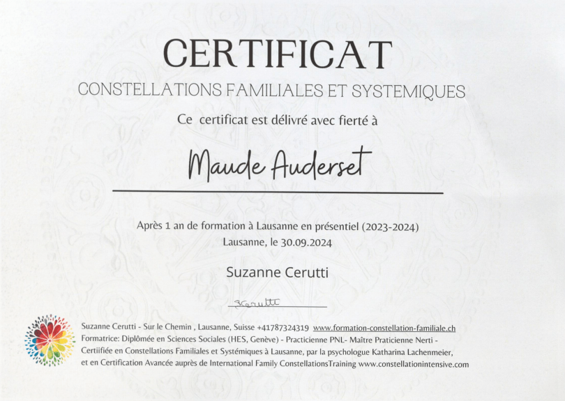 certification en constellations familiales et systémiques et thérapeute psycho-spirituelle reçu par une thérapeute holistique à Lausanne Morges Renens 