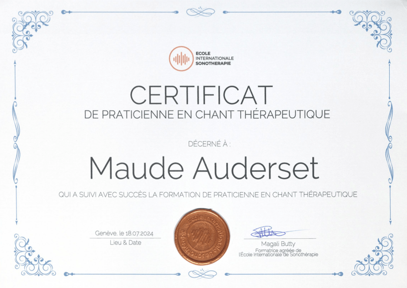certificat de praticienne en chant thérapeutique reçu par une thérapeute en constellations familiales et systémiques et thérapie psycho-spirituelle dans le canton de Vaud en Suisse