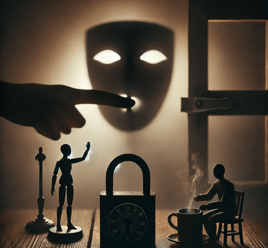 image montrant un cadenas, un masque, deux silhouettes et un doigt accusateur, évoquant les secrets de famille dans le cadre de constellations familiales et systémiques à Morges, Renens ou Lausanne, canton de Vaud en Suisse.