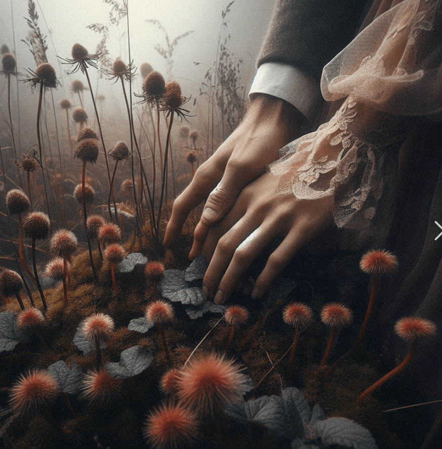 image montrant une paire de main enlacées, semblant appartenir à un homme et une femme, au milieu d'un champ de chardons, en train de faire une constellation familiale et systémique à Lausanne, Renens ou Morges, dans le canton de Vaud en Suisse