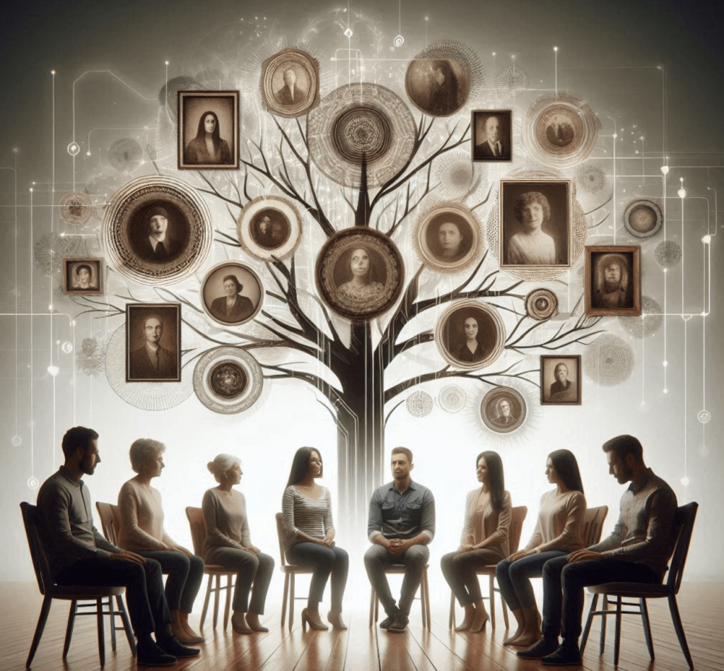un cercle de personnes assises sur des chaises sous un arbre généalogique, avec différents portraits, en train de pratiquer les constellations familiales et systémiques et la thérapie psycho-spirituelle, dans la région de Renens / Morges / Lausanne, dans le canton de Vaud en Suisse