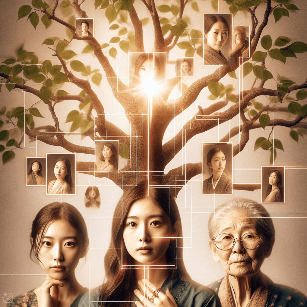 arbre généalogique sur lequel on voit un arbre, une femme, sa mère et sa grand-mère, et les photos de divers membres de la famille, lors d'une séance de constellations familiales et systémiques vers Morges et Renens, canton de Vaud, près de Lausanne, séance animée par une thérapeute holistique suisse.