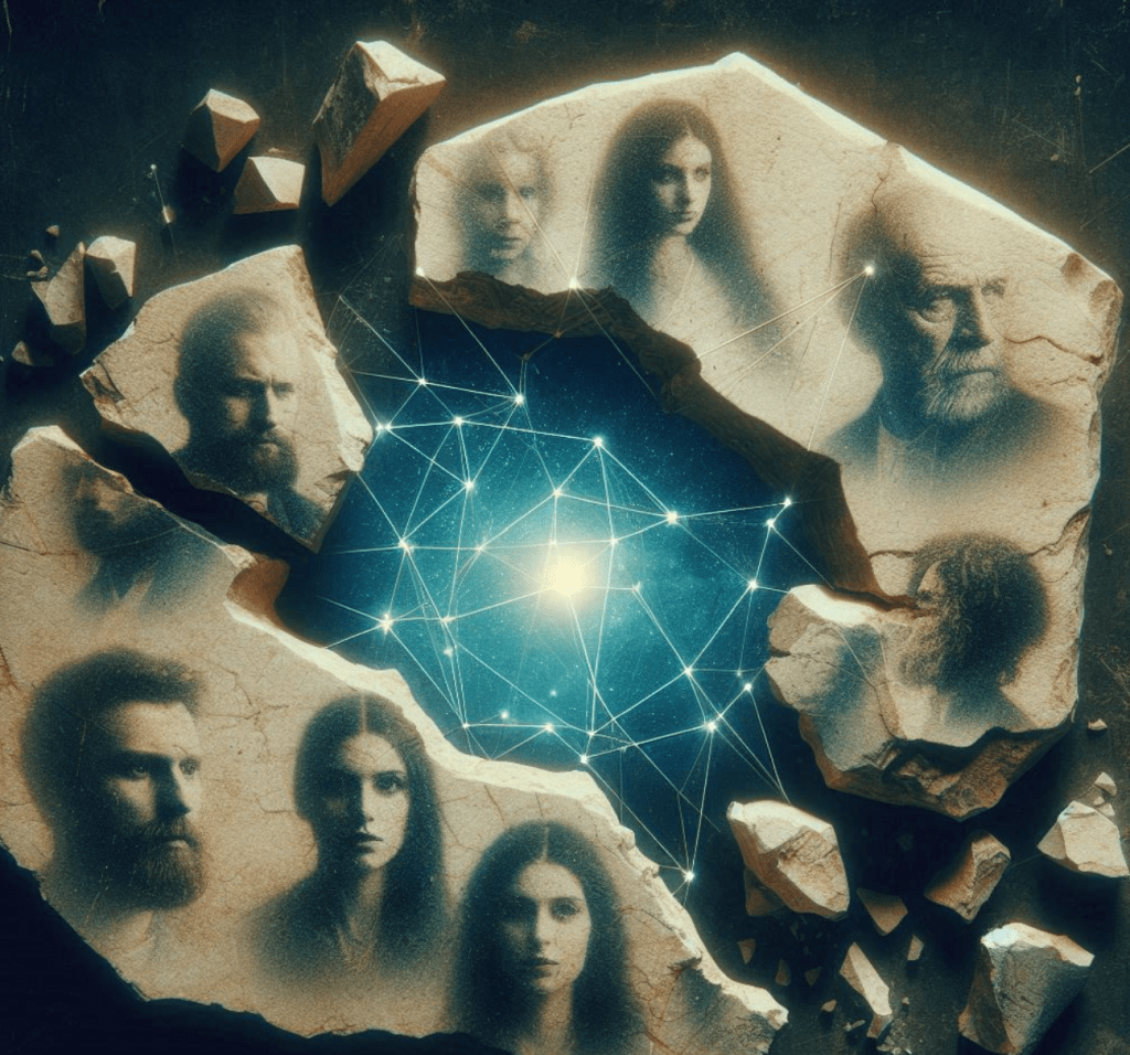 image montrant des portrait de personnes de la même famille, constituant une constellation familiale, avec des étoiles au centre et un réseau, lors d'une séance de thérapie holistique à Morges, Lausanne ou Renens en Suisse