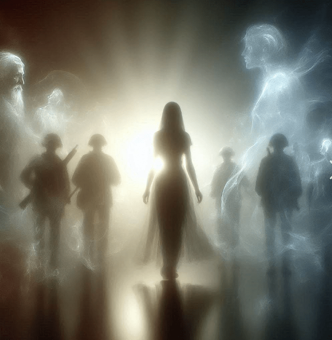 image symbolisant les mémoires de guerre et traumatismes dus à la guerre, on y voit une femme entourée d'hommes, des soldats qui sont probablement des membres de sa famille, lors d'une séance de constellations familiales et systémiques dans le canton de vaud en Suisse