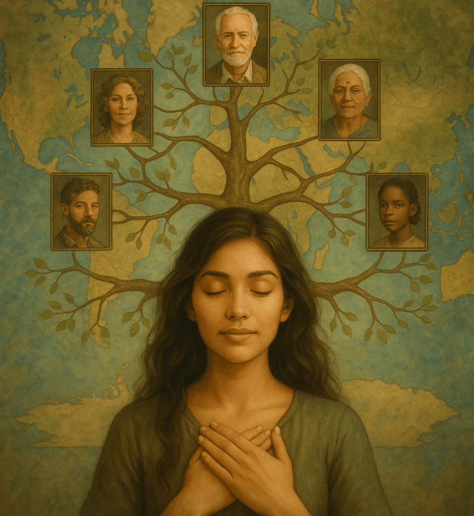 Texte montrant une femme les yeux fermés. Derrière elle, on voit un arbre généalogique montrant différents portrait de persones de sa famille et une carte du monde, en train de pratiquer les constellations familiales et systémiques dans le canton de Vaud, en Suisse, région Morges, Renens et Lausanne, avec une thérapeute psycho-spirituelle et facilitatrice en constellations familiales et systémiques.