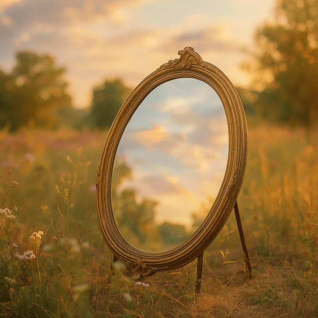 miroir posé dans un champ en plein jour, lors d'une séance de constellations familiales et systémiques dans le canton de Vaud en Suisse, région Morges-Lausanne-Renens