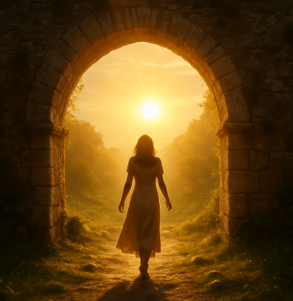 femme de dos franchissant un arc de pierre, paysage de nature avec le soleil couchant, lors d'une constellation familiale et systémique à Lausanne, vers Morges et Renens, en Suisse