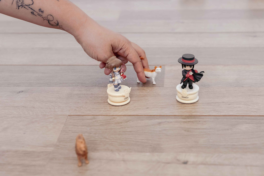 Gros plan sur des figurines représentant un homme, une femme et un chat, ainsi qu'un lion, utilisées lors d'une séance de constellations familiales et systémiques près de Lausanne, Renens et Morges, en Suisse, dans le canton de Vaud, par une thérapeute holistique