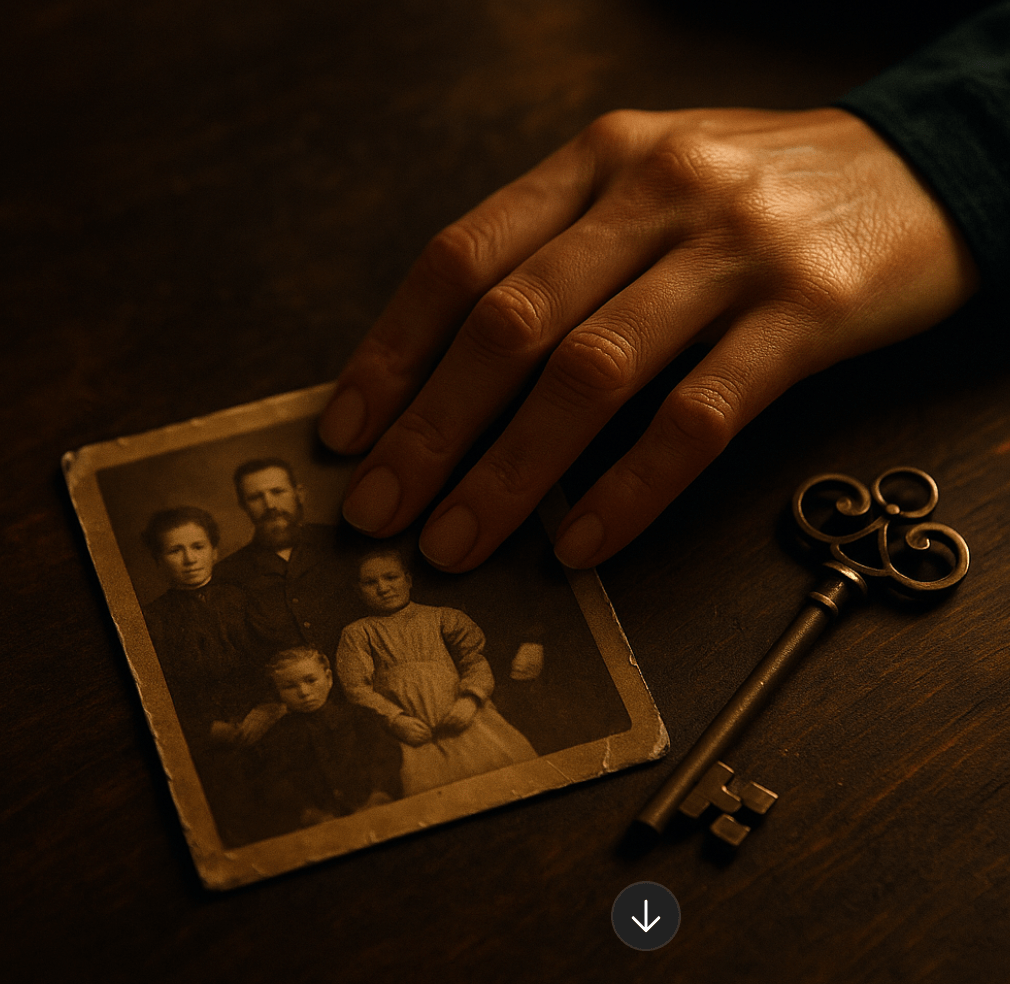 Gros plan sur une main posée sur une photo en noir et blanc représentant une famille, avec à côté une grosse clé symbolisant la résolution amenée par une constellation familiale et systémique faite dans le canton de Vaud, à Morges ou Renens, en Suisse