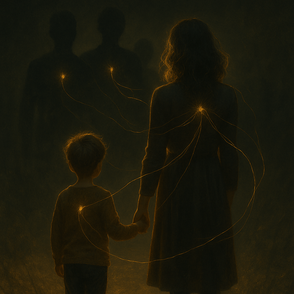 Illustrations d'une femme et d'un enfant qi se tiennent par la main, reliée par des fils à des silhouettes ombreuses symbolisant les ancêtres, lors d'une séance de constellations familiales et systémiques en groupe dans le Canton de Vaud, en Suisse