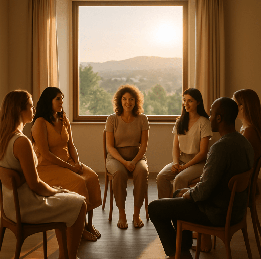 personnes assises en cercle dans une salle à Renens, près de Morges et Lausanne, en Suisse, lors d'une journée en groupe de constellations familiales et systémiques