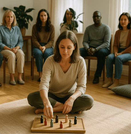 femme effectuant une constellation individuelle durant une constellation en groupe. Elle pratique les constellations familiales et systémiques selon Bert Hellinger, à Morges, près de Renens et Lausanne, dans le canton de Vaud en Suisse, chez une thérapeute holistique spécialisée en coaching holistique, human design et thérapie psycho-spirituelle.