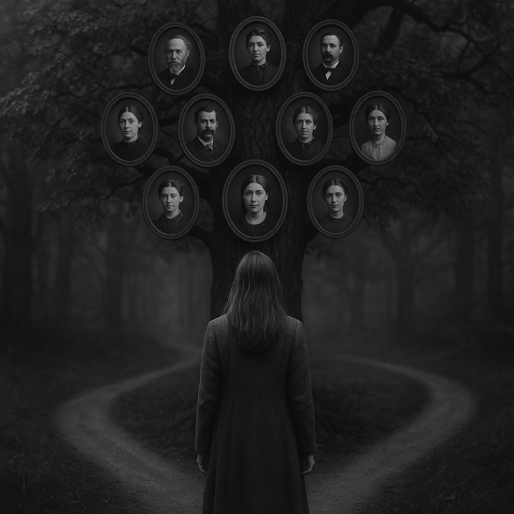 femme debout devant un arbre portant les portraits de ses ancêtres, lors d'une séance de constellations familiales et systémiques et human design près de Lausanne, en Suisse romande, à Morges ou Renens.