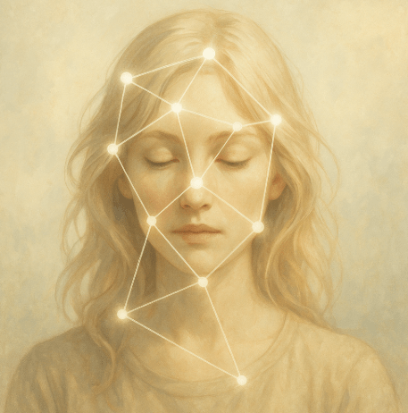 Portrait d'une jeune femme blonde les yeux fermés, lors d'une séance de thérapie holistique. En superposition, on peut voir des lignes symbolisant un travail en constellation familiale et systémique et human design, près de Lausanne, dans le canton de Vaud en Suisse romande