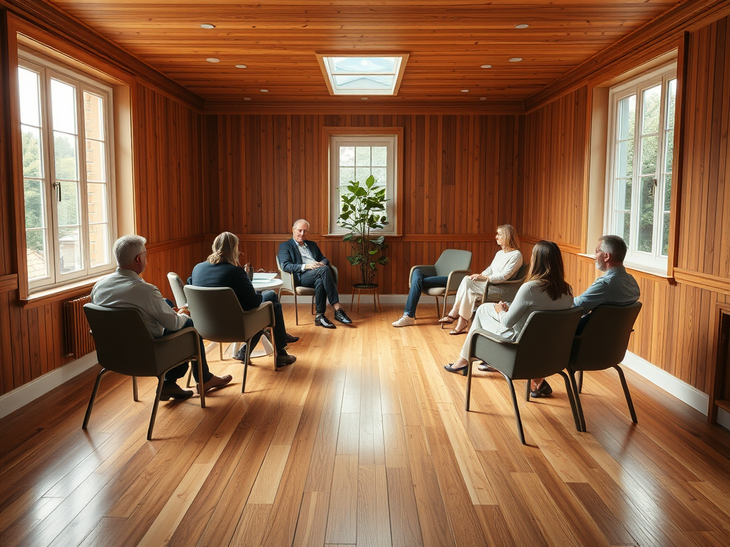 personnes participant à une constellation familiale et systémique en groupe près de Lausanne, à Renens, dans le canton de Vaud en Suisse romande, dans une salle en bois