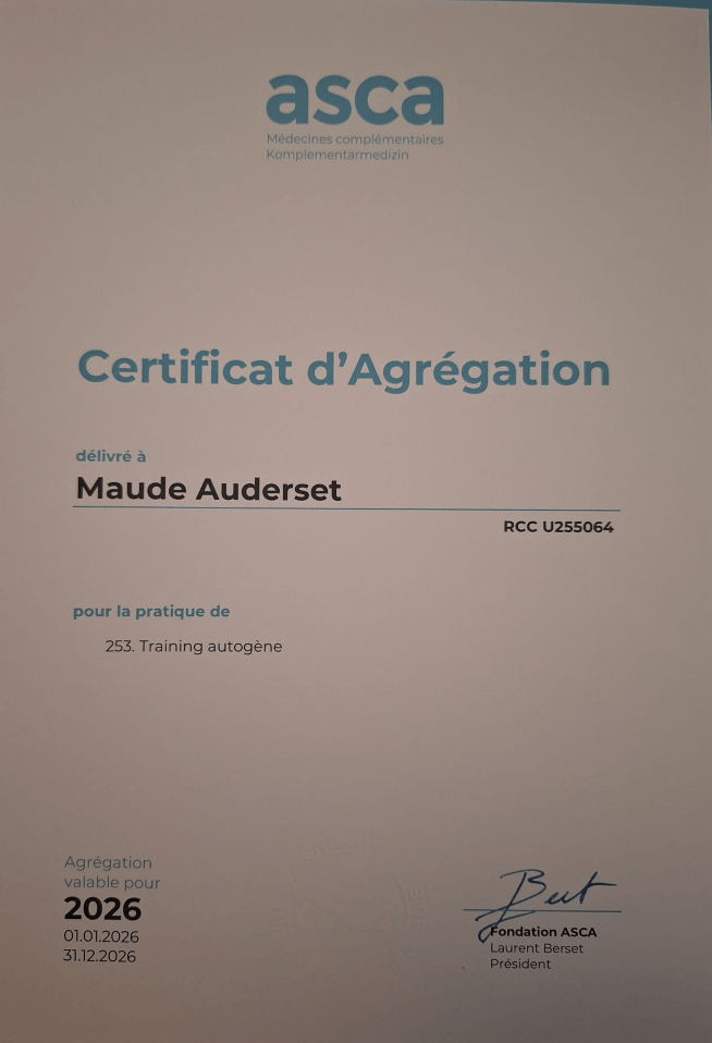 certification asca en training autogène, utile pour les séances de constellations familiales et systémique ou coaching holistique et human design, valable pour l'année 2026