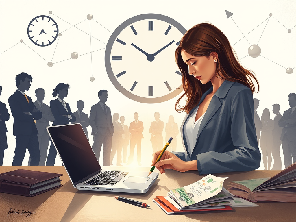 image représentant une femme travaillant sur un ordinateur portable, avec d'autres personnes derrière elle et une horloge au-dessus du groupe, en pleine séance de constellations familiales et systémiques près de Lausanne, dans le canton de Vaud en Suisse, à Renens ou Morges