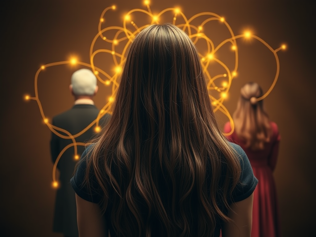 Une femme vue de dos, lors d'une séance de constellation familiale et systémique vers Lausanne dans le canton de Vaud en Suisse romande, en train de recevoir une thérapie holistique avec ses parents auxquels elle est reliée par un fil doré