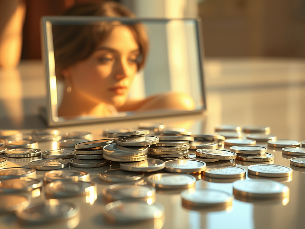 visage d'une femme se reflétant dans un miroir avec des pièces d'argent au premier plan, symbolisant la relation à l'argent lors d'une séance de constellation familiale et systémique en groupe près de Lausanne, dans le canton de Vaud en Suisse romande