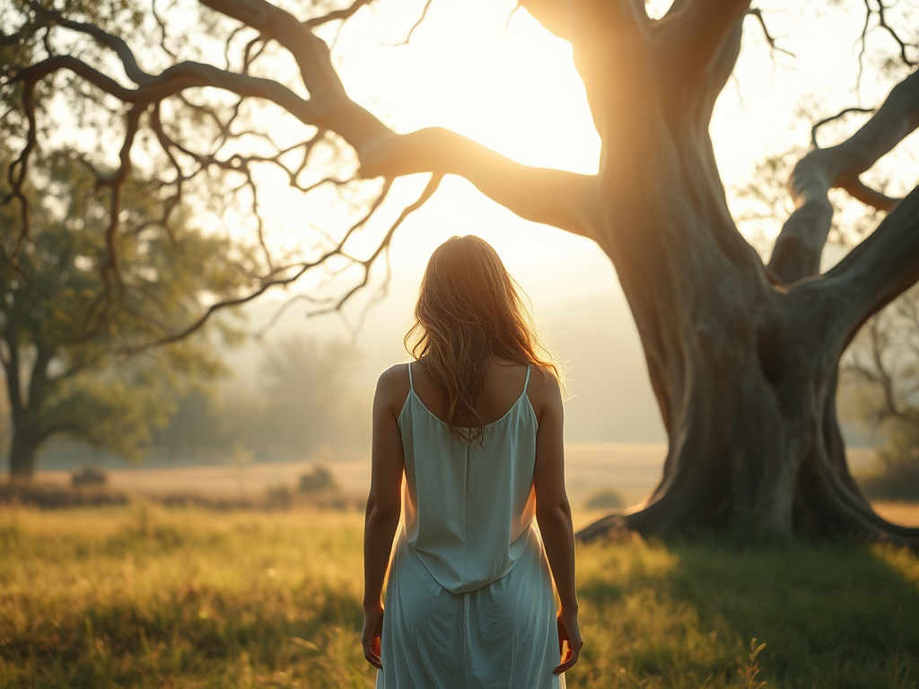 une femme debout devant des arbres symbolisant des arbres généalogiques, lors d'une séance de constellation familiale et systémique en groupe vers Lausanne (Vaud, Suisse romande)