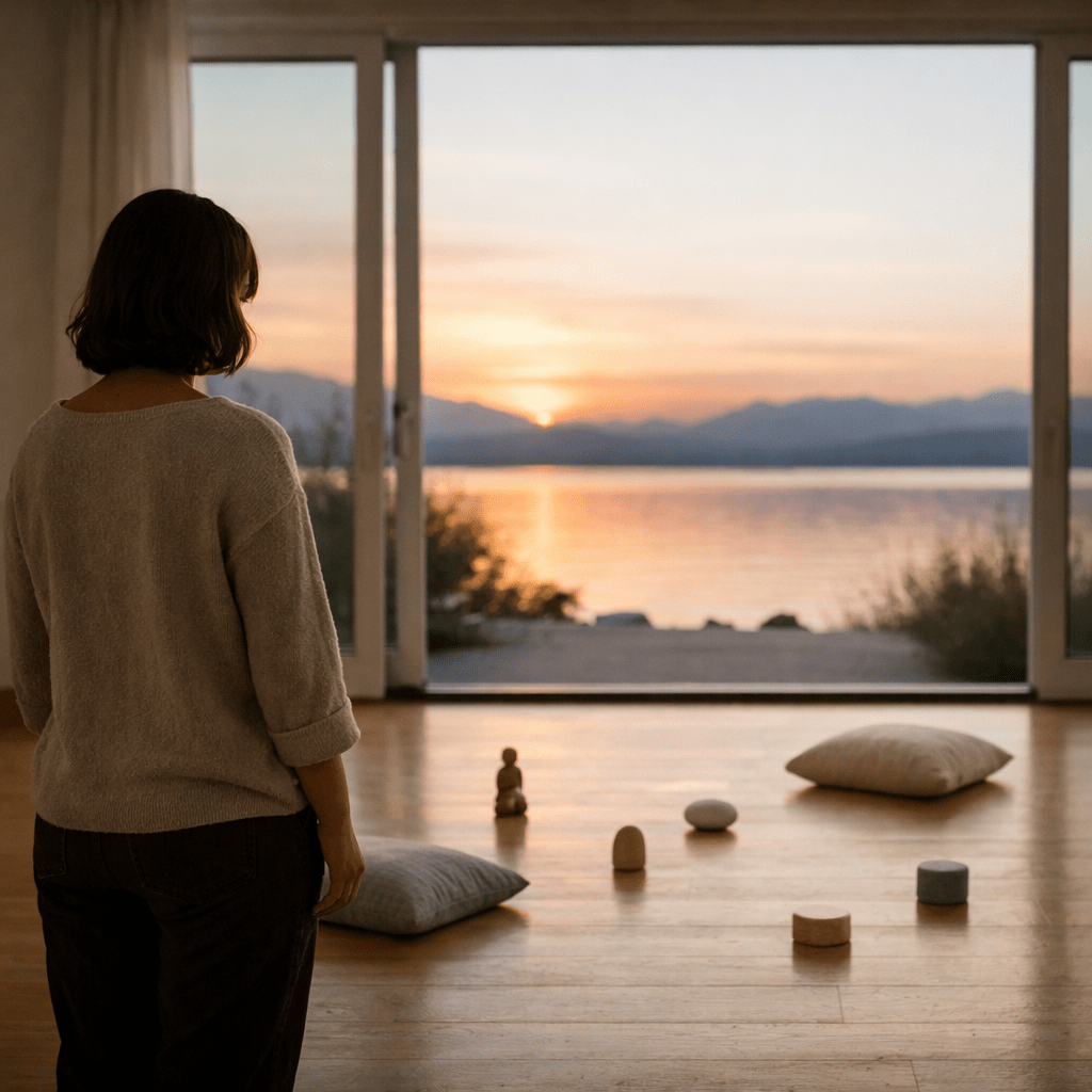 Une femme en train de recevoir une constellation systémique individuelle, lors d'une journée de constellations en groupe près de Lausanne (Vaud, Suisse romande), sous l'angle du développement personnel et de la thérapie holistique. Elle est debout et on la voit dans une pièce, avec des objets posés au sol, face à un lac et un soleil couchant