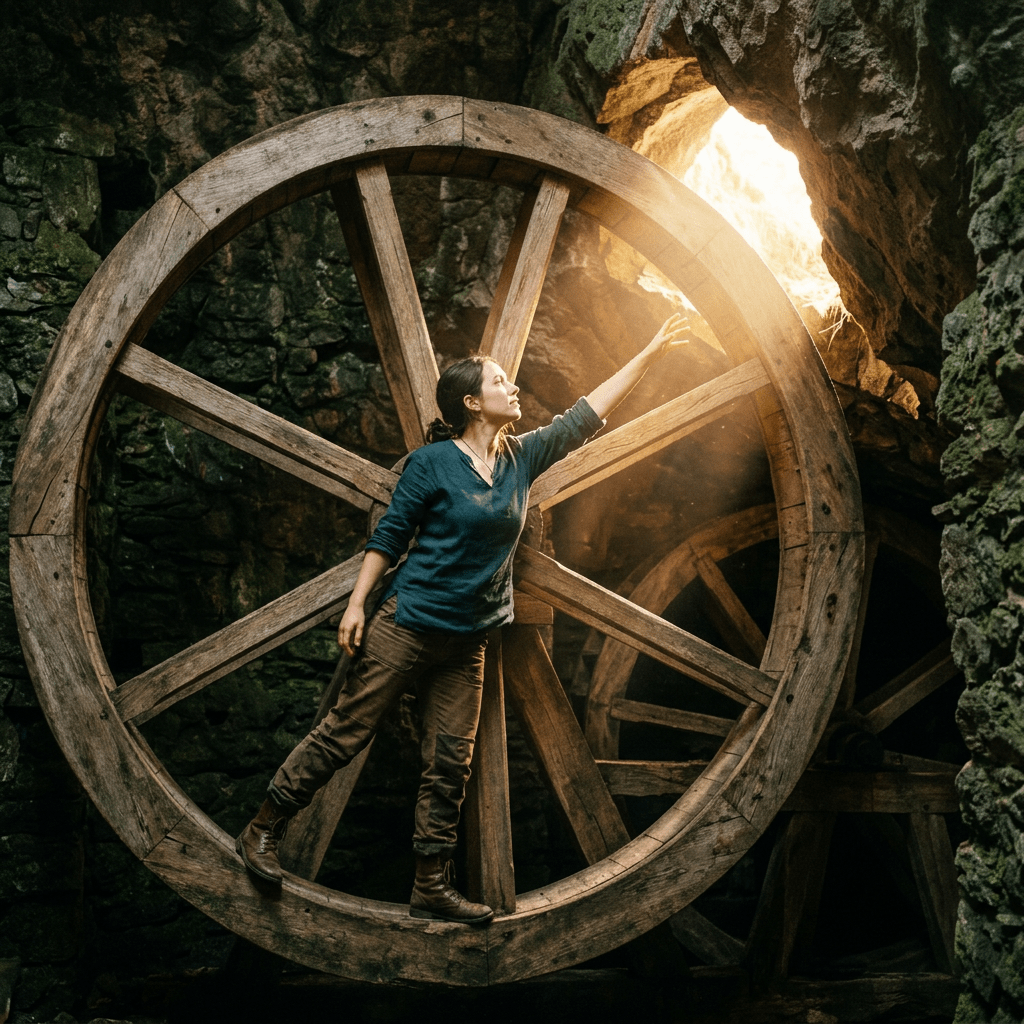 Une femme qui se trouve dans une roue et tend la main pour en sortir, lors d'une séance de constellation familiale et systémique en groupe à Lausanne - Vaud - Suisse romande