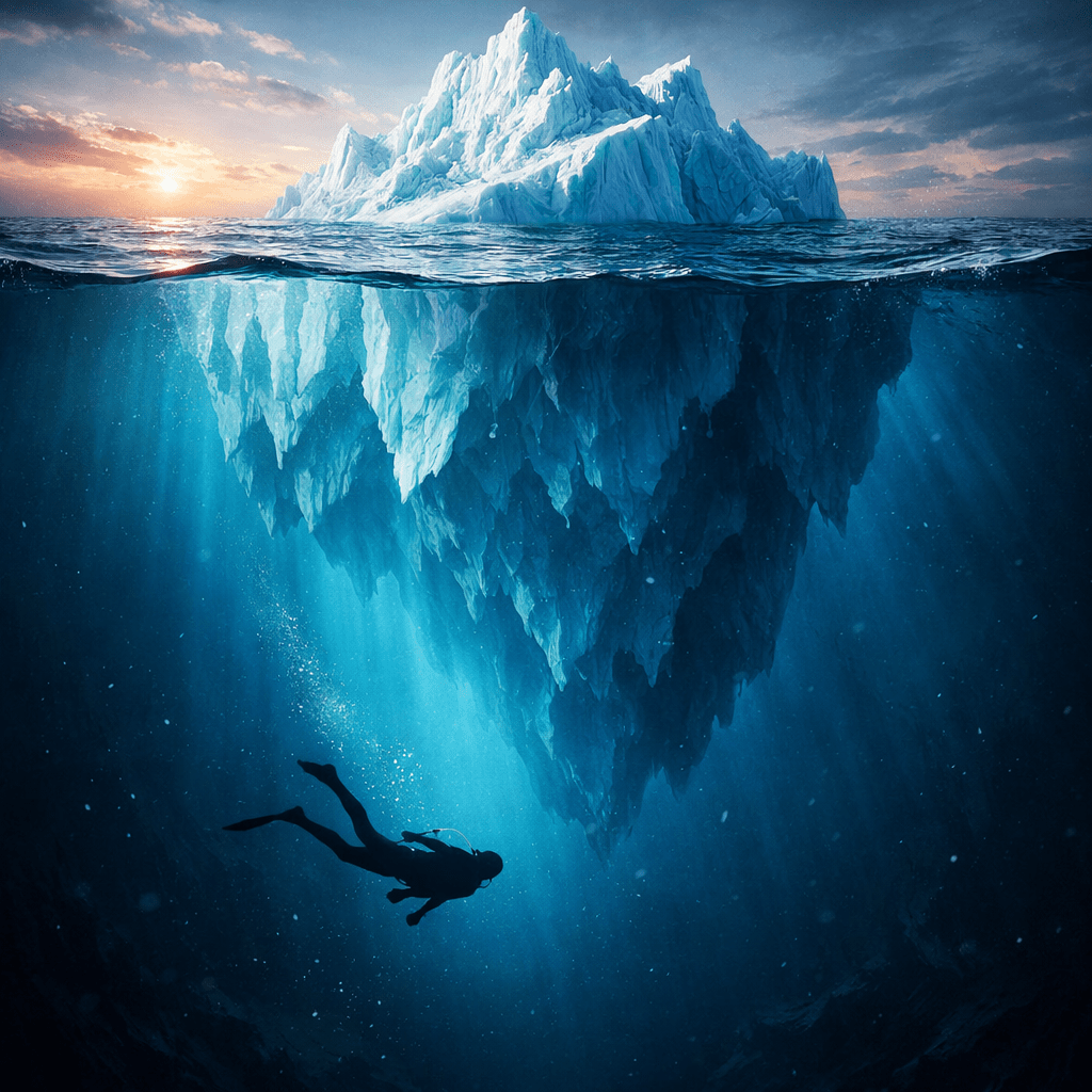 silhouette d'un nageur passant sous un iceberg, métaphore de l'exploration du subconscient lors d'une séance de constellation familiale et systémique près de Lausanne (Vaud, Suisse romande)