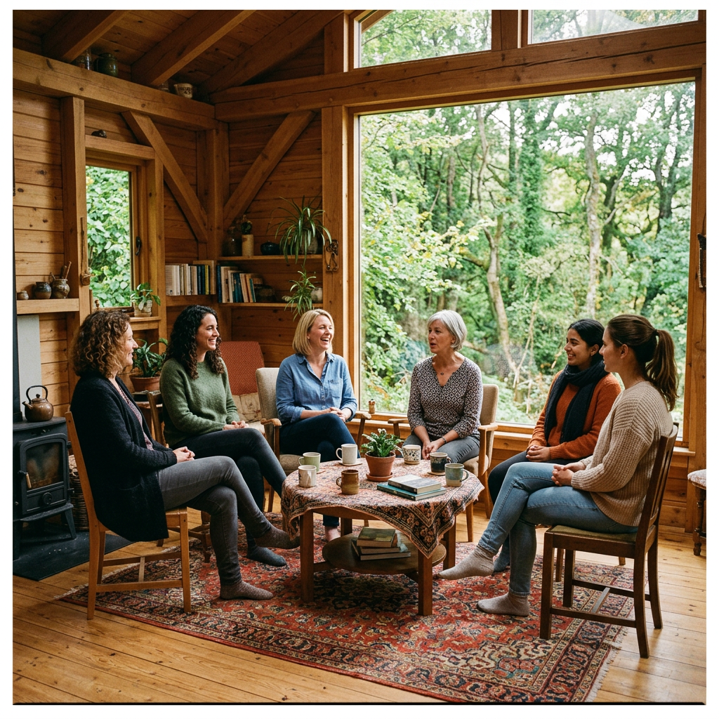 Six women sitting in a wooden cabin, talking in a circle near a large window with a forest view