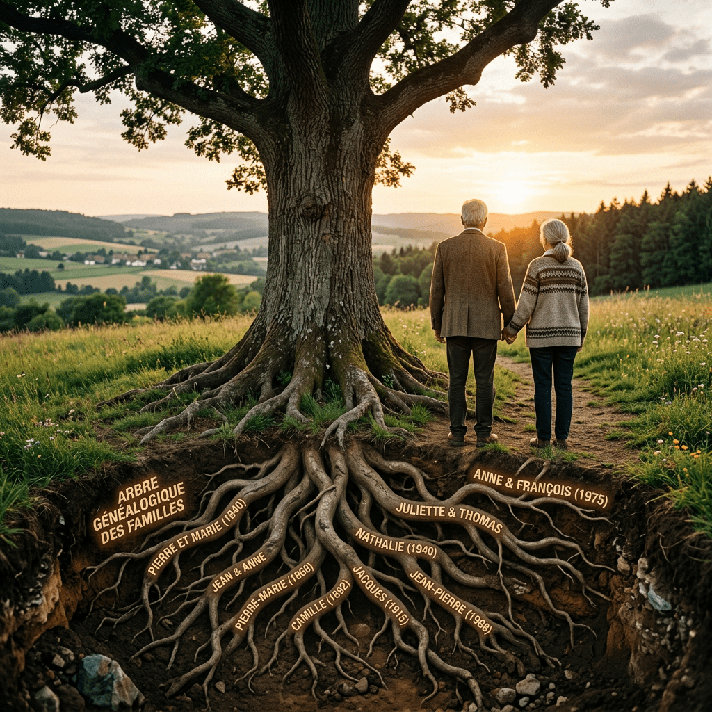 un couple âgé, se tenant de dos main dans la main face au soleil couchant, à côté d'un arbre symbolisant la généalogie et le transgénérationnel, lors d'une séance de constellation familiale et systémique près de Lausanne, canton de Vaud, Suisse romande