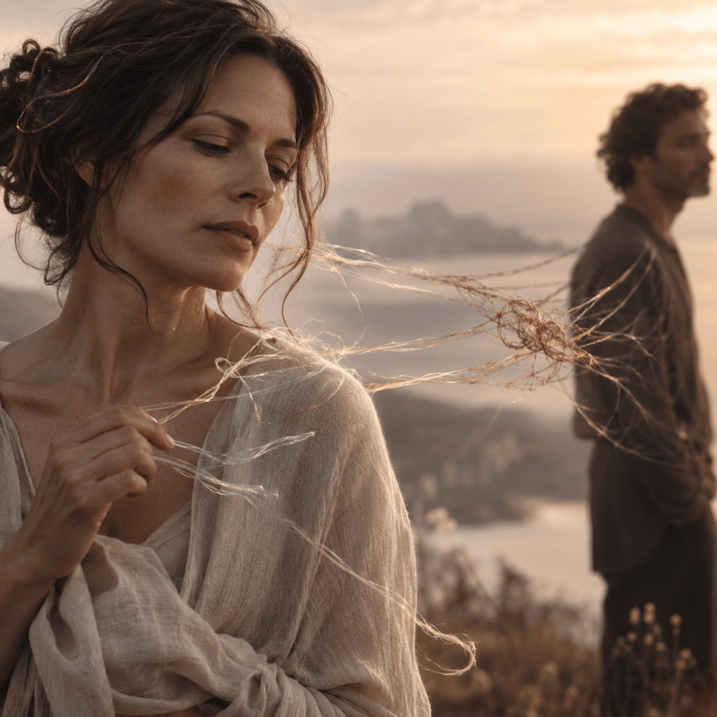 image d'un homme et d'une femme reliés par un film, lors d'une constellation familiale et systémique en groupe à Lausanne, Vaud, Suisse Romande