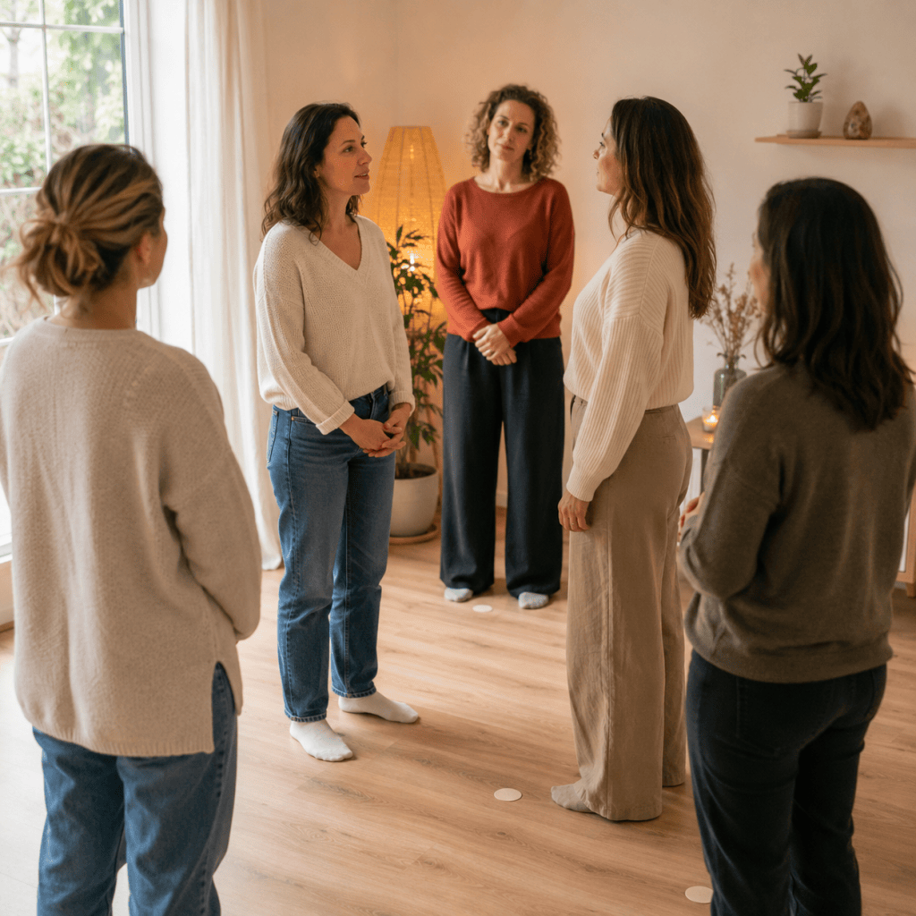 femmes en cercle, en train de pratiquer une constellation familiale et systémique en groupe près de Lausane (Vaud, Suisse Romande)